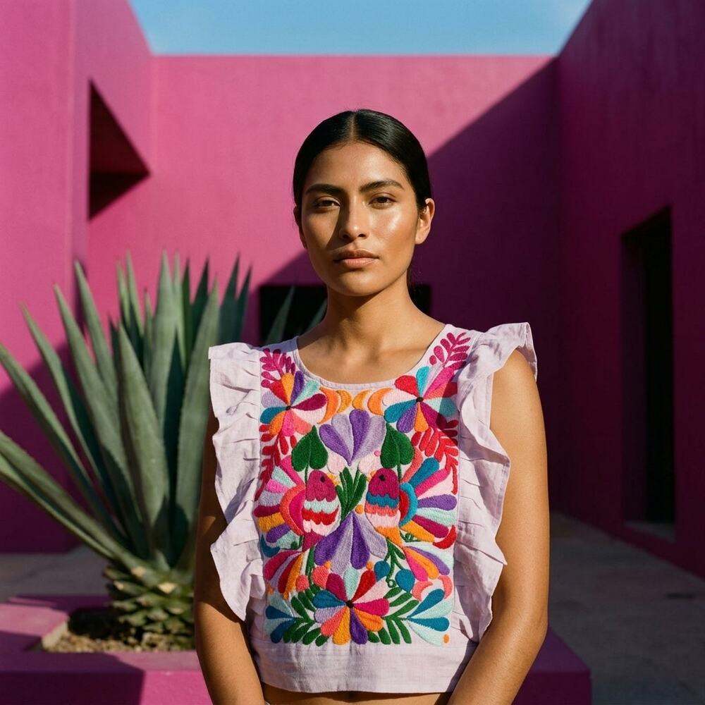 White Mexican Cotton Blouse – Talavera Embroidery, Adjustable Back Ties XS-M-L